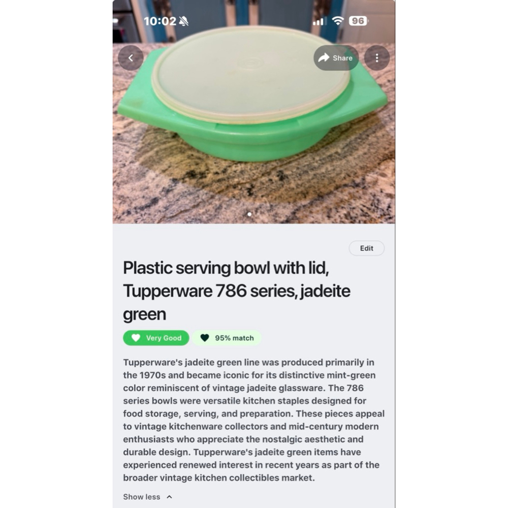 Tupperware Vintage Jadeite Green Food Storage Bowl with Lid, One Size - Picture 6 of 7